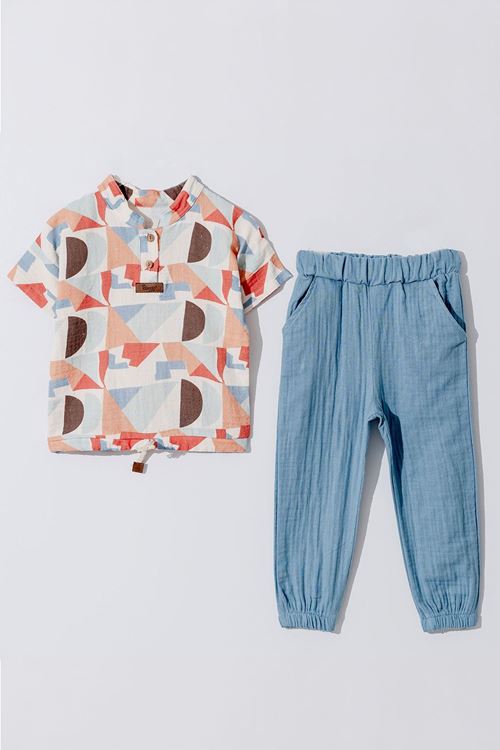 Miniğimin Cicileri Asimetrik Desenli Müslin Erkek Çocuk Takım - Mavi