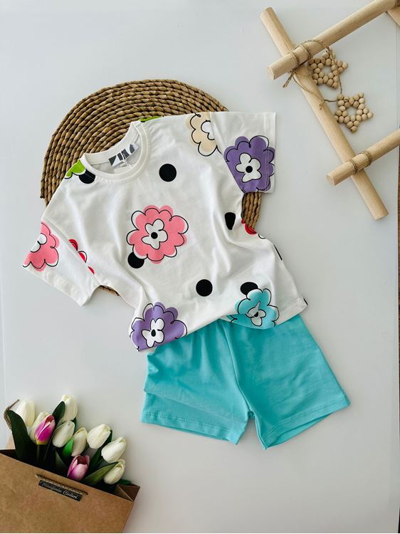 Minigimin Cicileri Çiçek Desenli Puanlı Şortlu Kız Çocuk 2 li Takım - Turkuaz