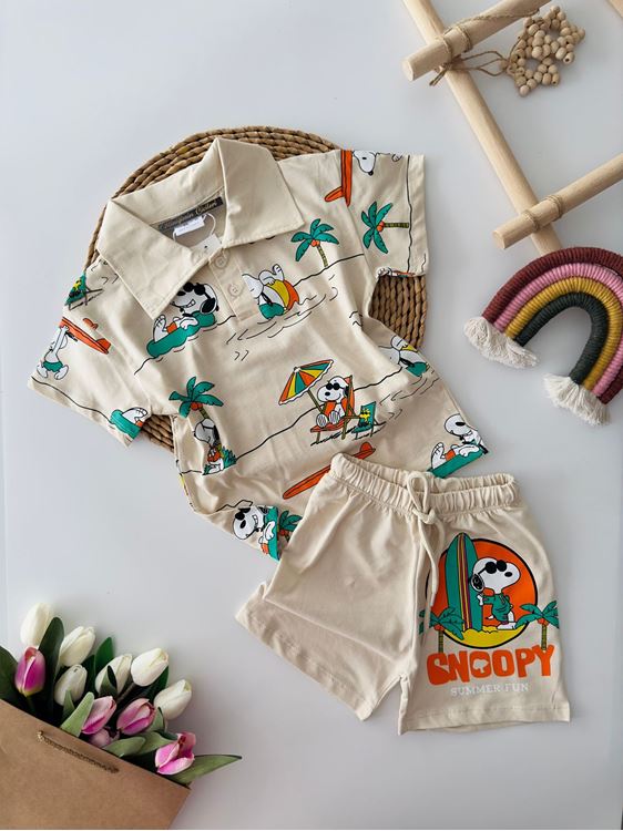 Minigimin Cicileri Snpy Sörf Baskılı Yakalı Erkek Çocuk Takım - Krem