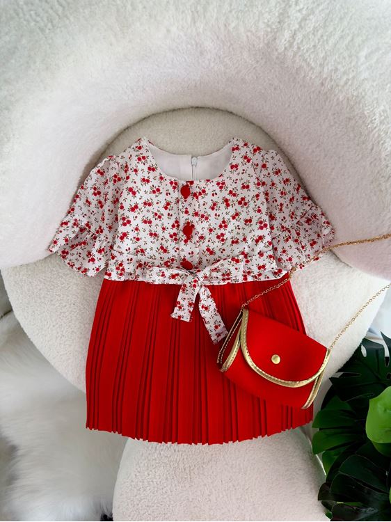 Miniğimin Cicileri Çantalı Pilise Şifon Çiçek Desenli Elbise - Kırmızı