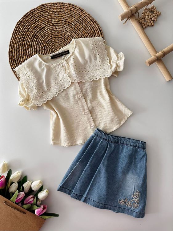 Miniğimin Cicileri Geniş Yakalı Eteği Nakış Detaylı Kız Çocuk 2 li Takım - Bej