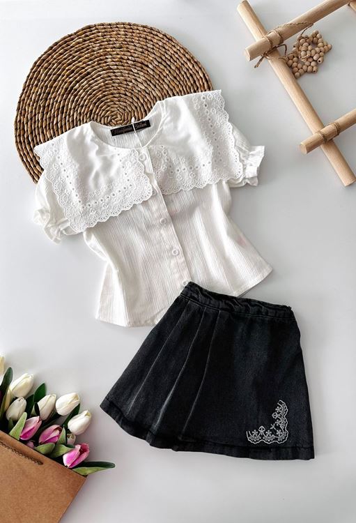 Miniğimin Cicileri Geniş Yakalı Eteği Nakış Detaylı Kız Çocuk 2 li Takım - Siyah