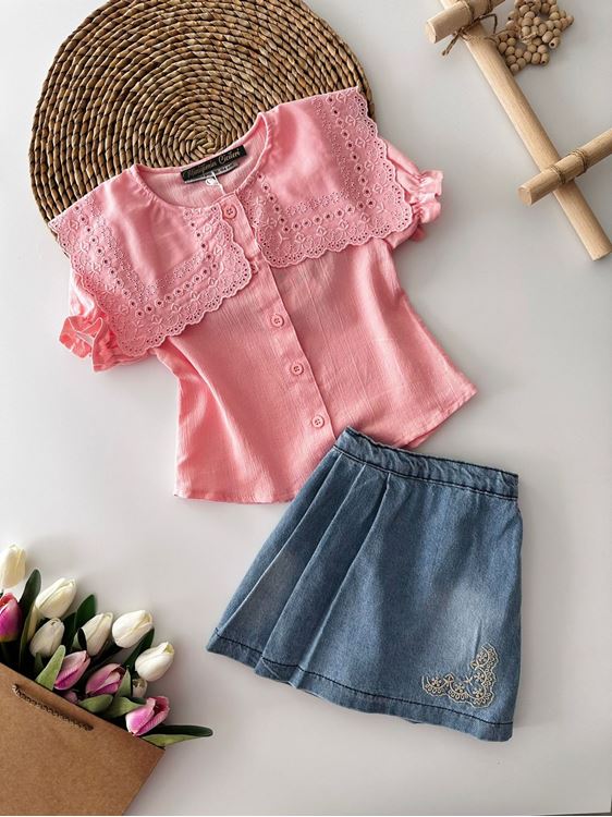 Miniğimin Cicileri Geniş Yakalı Eteği Nakış Detaylı Kız Çocuk 2 li Takım - Pembe