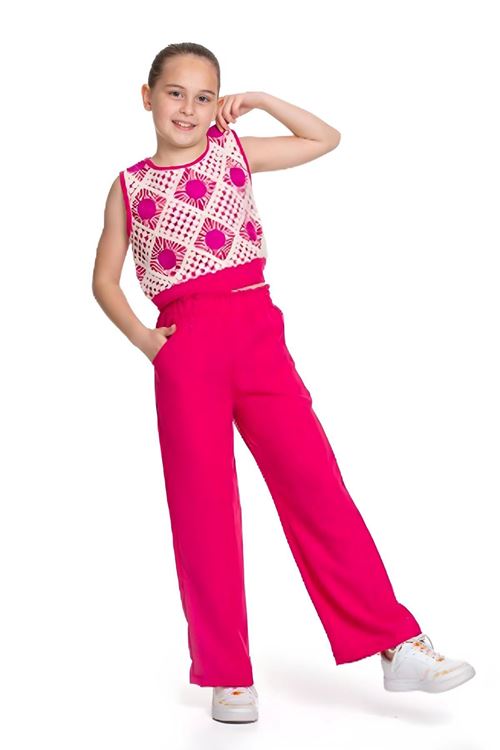 Miniğimin Cicileri Örgü Desenli Crop ve Büzgülü Pantolon Kız Çocuk Takım - Fuşya
