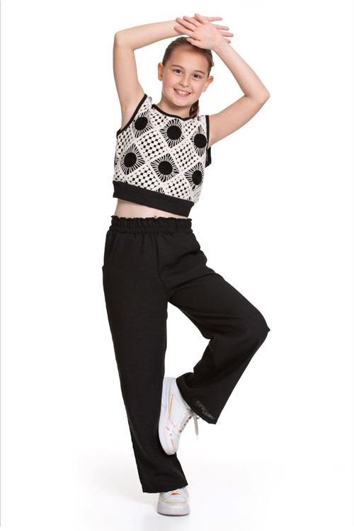 Miniğimin Cicileri Örgü Desenli Crop ve Büzgülü Pantolon Kız Çocuk Takım - Siyah