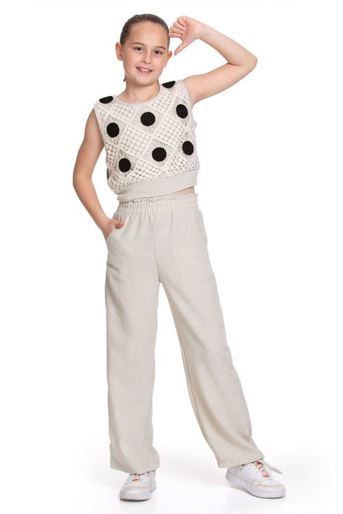 Miniğimin Cicileri Örgü Desenli Crop ve Büzgülü Pantolon Kız Çocuk Takım - Bej