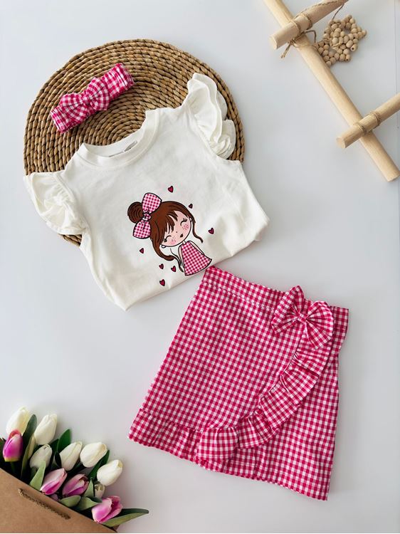 Miniğimin Cicileri Pötikare Asimetrik Kesim Sevimli Kız Baskılı Şort etekli 3 Lü Takım - Fuşya