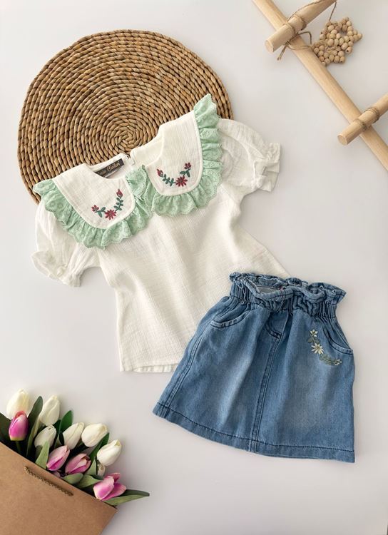 Minigimin Cicileri Yaka Fisto Nakış Detaylı Kot Etekli Kız Çocuk Takım - Beyaz-Yeşil