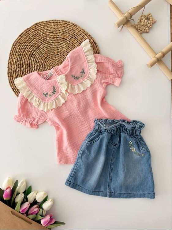 Minigimin Cicileri Yaka Fisto Nakış Detaylı Kot Etekli Kız Çocuk Takım - Pembe