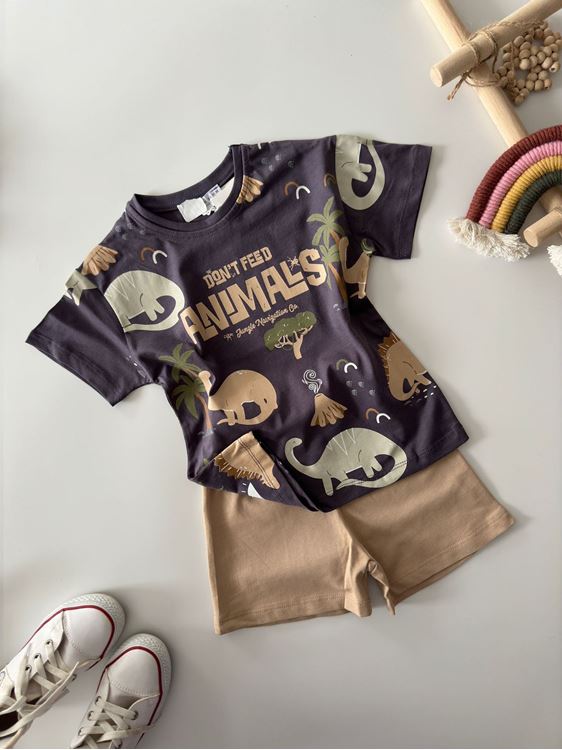 Miniğimin Cicileri Animal Pamuklu Erkek Çocuk Şortlu Takım - Mor-Bej