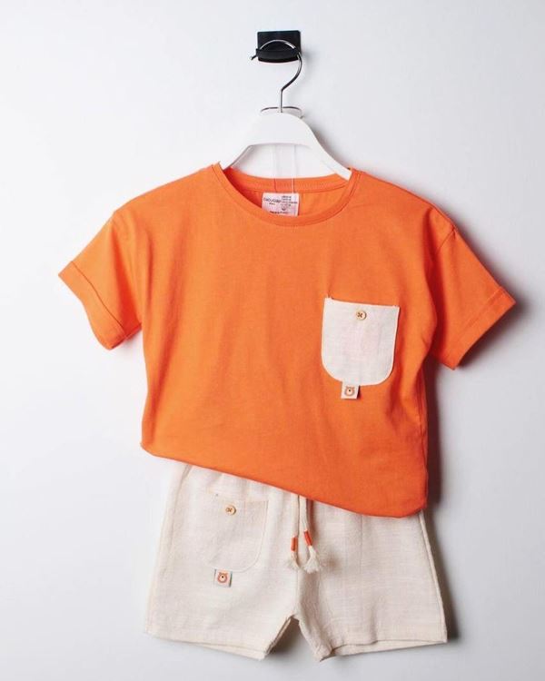 Miniğimin Cicileri Bear Keten Cepli Erkek Çocuk Takım - Turuncu