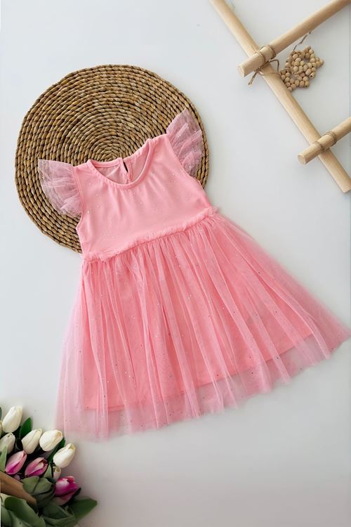 Miniğimin Cicileri Simli Tütü Kız Çocuk Elbise - Pembe