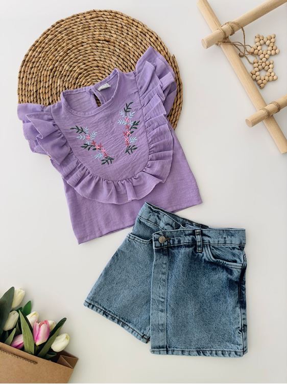 Miniğimin Cicileri Nakış Detaylı Asimetrik Kot Şort Etekli Takım - Mor