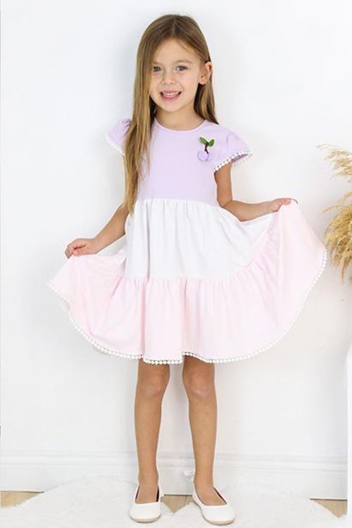 Miniğimin Cicileri Kiraz Detaylı Pamuk Koton Renkli Kız Çocuk Elbise - Lila