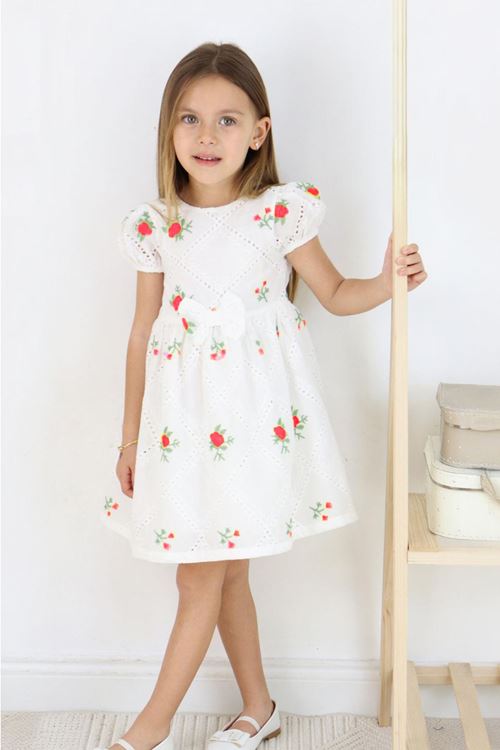Miniğimin Cicileri Çiçek Nakış Asimetrik Brodeli Kız Çocuk Elbise - Kırmızı