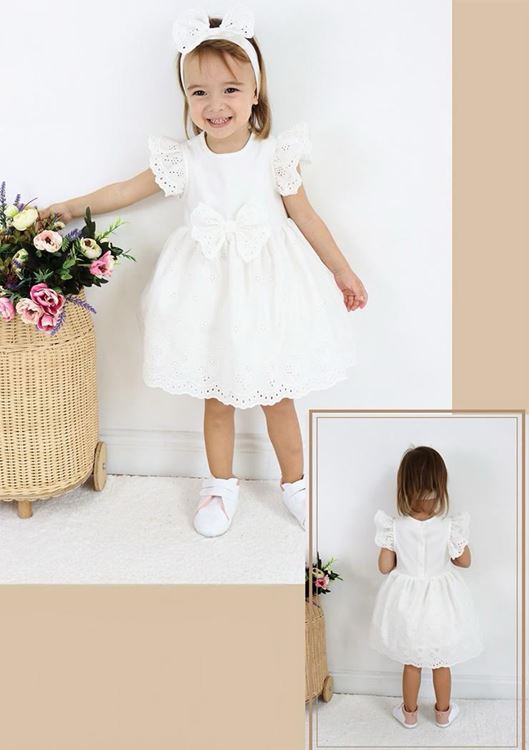Miniğimin Cicileri Çiçek Nakış Fiyonklu Brode Kız Bebe Elbise - Krem