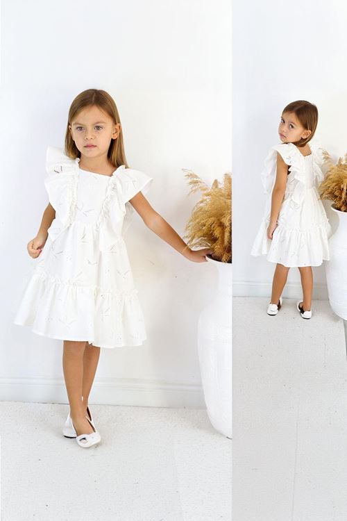 Miniğimin Cicileri Nakış Brode Güpür Kız Çocuk Elbise - Krem