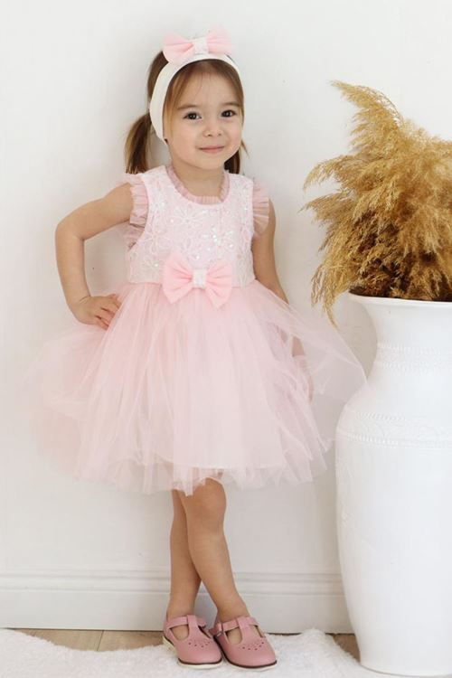 Miniğimin Cicileri Pul Detaylı Fiyonklu Bandalı Tütü Kız Bebek Elbise - Pembe