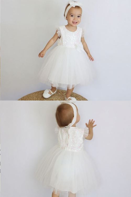 Miniğimin Cicileri Pul Detaylı Fiyonklu Bandalı Tütü Kız Bebek Elbise - Beyaz