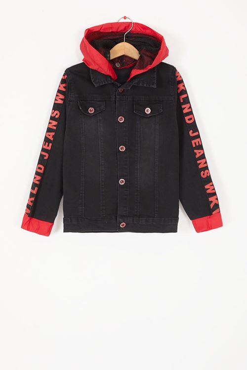 Miniğimin Cicileri Kapüşonlu Wklnd Kot Erkek Çocuk Ceket (Dar Kalıp) - Siyah-Kırmızı