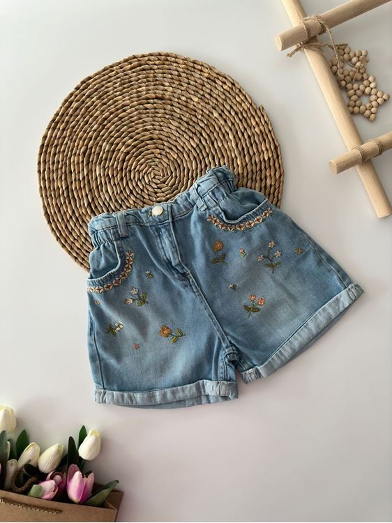 Miniğimin Cicileri Minik Çiçek İşlemeli Kız Kot Şort - Açık Mavi
