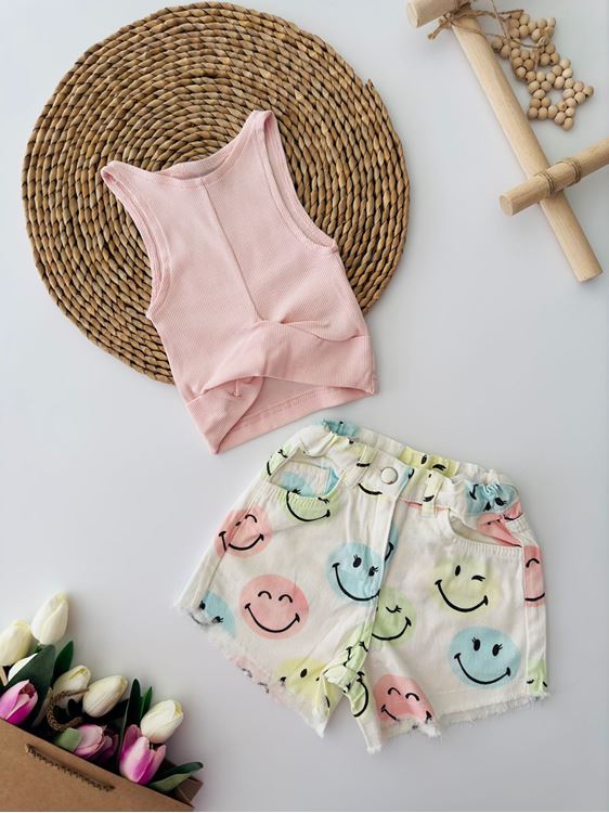 Miniğimin Cicileri Smile Desen Şortlu Croplu Kız Çocuk Takım - Pembe