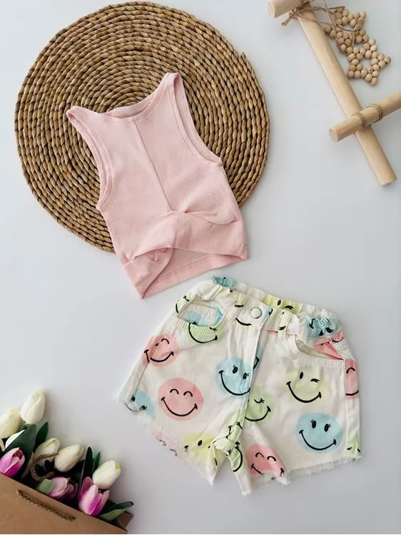 Miniğimin Cicileri Smile Desen Şortlu Croplu Kız Çocuk Takım - Pembe