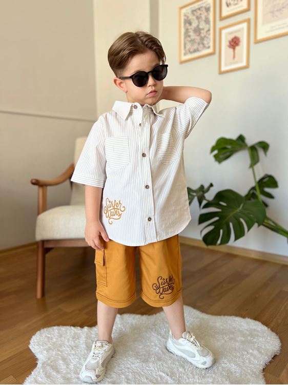 Miniğimin Cicileri Sunset İşleme Erkek Çocuk Çizgili Gömlekli Takım- Hardal