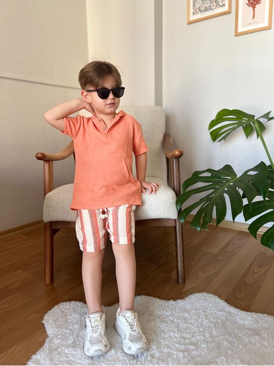 Miniğimin Cicileri Çizgili Kanguru Cepli Pamuklu Erkek Çocuk 2 li Takım - Turuncu