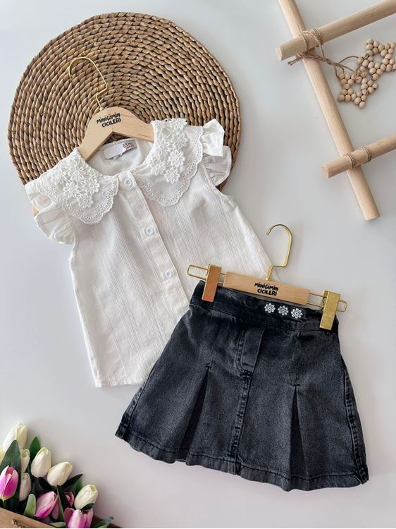 Miniğimin Cicileri Güpür Yakalı Kot Etekli Kız Çocuk Takım - Beyaz