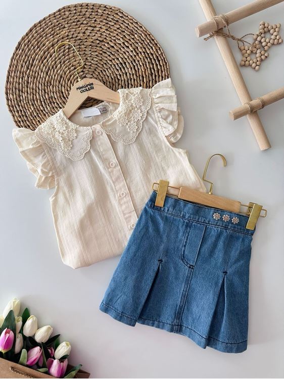 Miniğimin Cicileri Güpür Yakalı Kot Etekli Kız Çocuk Takım - Bej