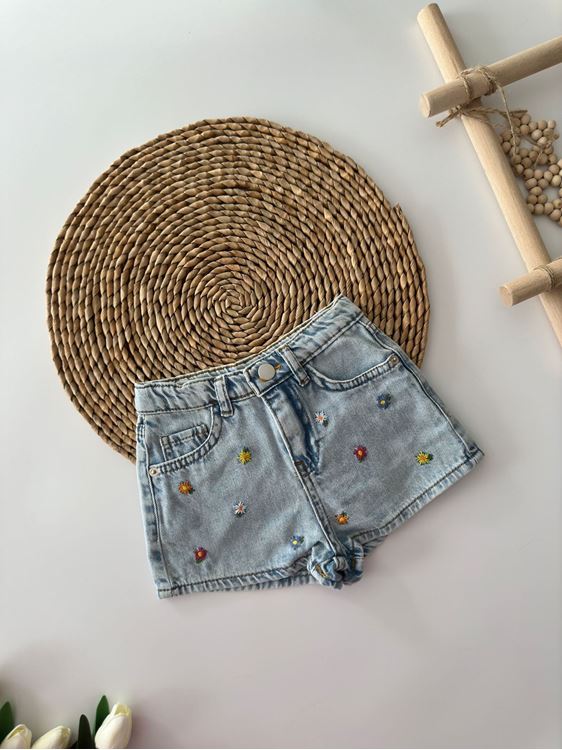 Miniğimin Cicileri Minik Çiçek İşlemeli Kız Çocuk Kot Şort - Açık Mavi