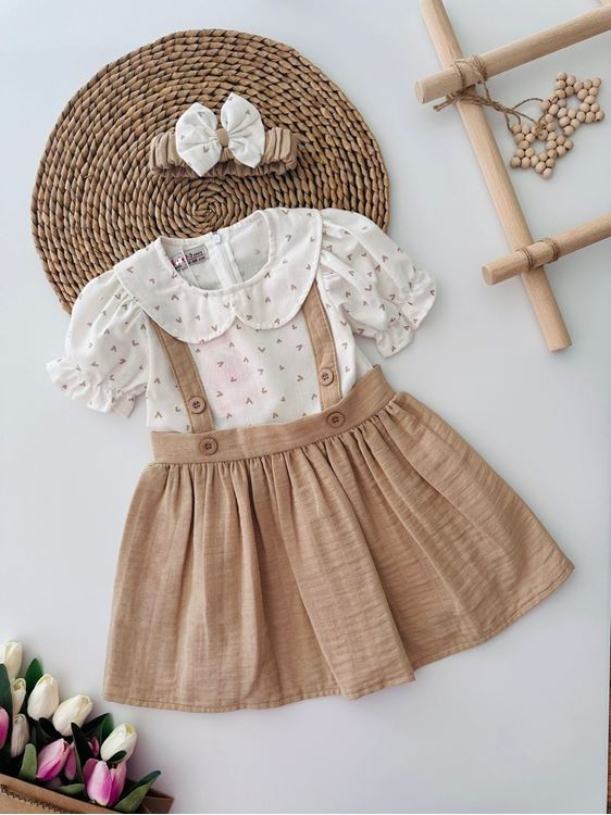 Miniğimin Cicileri Kalp Baskılı Müslin Kız Çocuk Elnise ve Bandana - Vizon