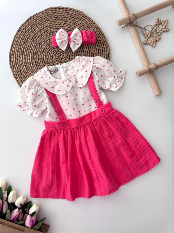 Miniğimin Cicileri Kalp Baskılı Müslin Kız Çocuk Elnise ve Bandana - Fuşya