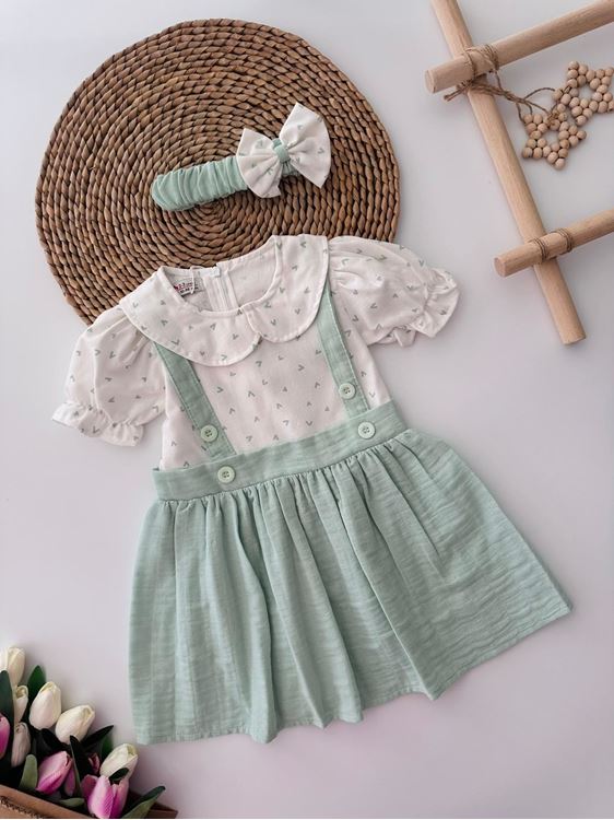 Miniğimin Cicileri Kalp Baskılı Müslin Kız Çocuk Elnise ve Bandana - Yeşil