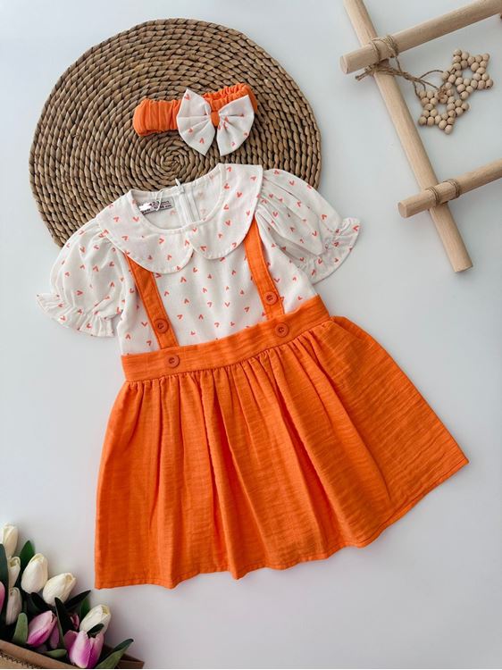 Miniğimin Cicileri Kalp Baskılı Müslin Kız Çocuk Elnise ve Bandana - Turuncu