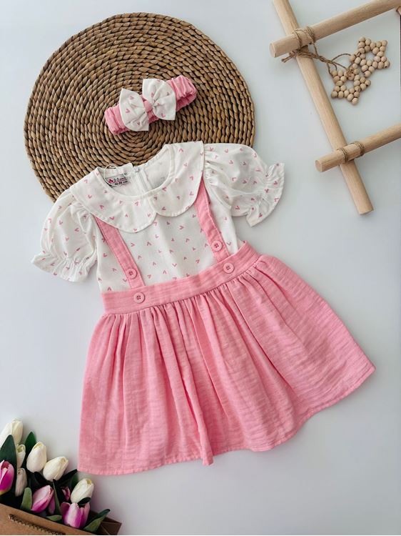 Miniğimin Cicileri Kalp Baskılı Müslin Kız Çocuk Elnise ve Bandana - Pembe