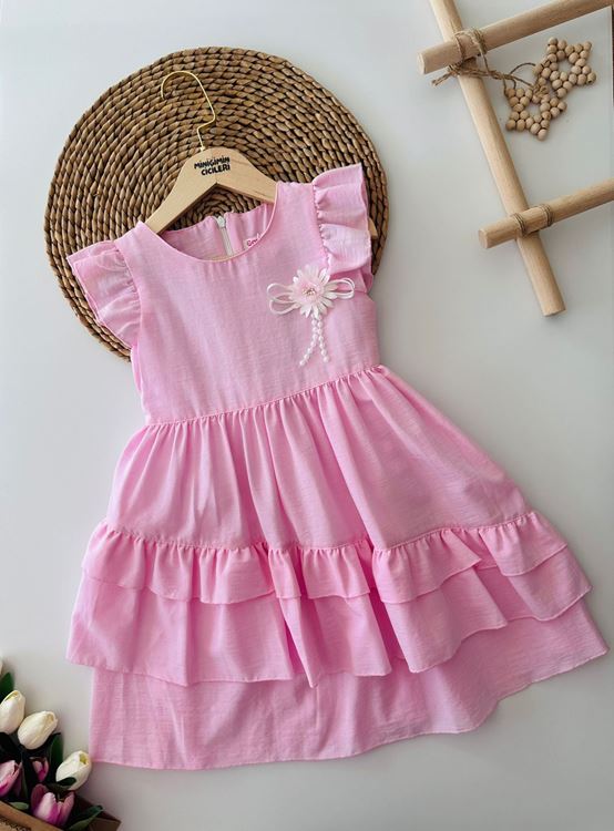 Miniğimin Cicileri Asimetrik Kesim Pamuklu Astarlı Kız Çocuk Elbise - Pembe
