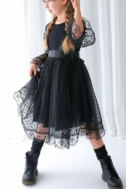 Miniğimin Cicileri Puanlı Tül ,Şapkalı Kız Çocuk Elbise - Siyah