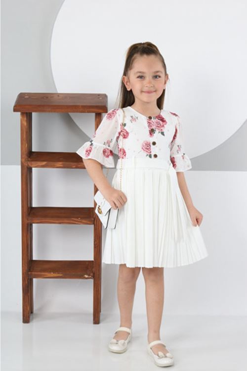 Miniğimin Cicileri Plise Etekli Çantalı Kız Çocuk Elbise - Beyaz
