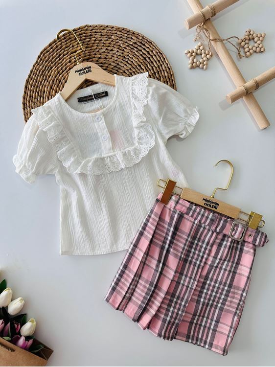 Miniğimin Cicileri Ekose Kemer Tokalı Şort Etekli Kız Çocuk Takım - Pembe