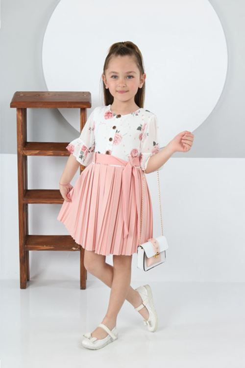 Miniğimin Cicileri Plise Etekli Çantalı Kız Çocuk Elbise - Pembe