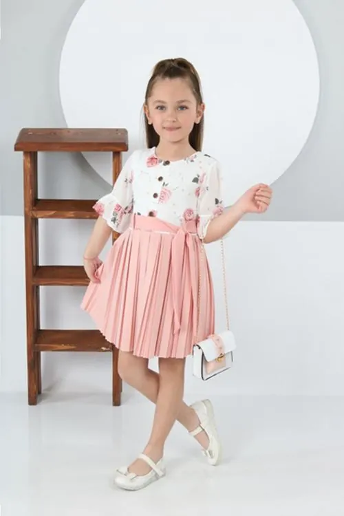 Miniğimin Cicileri Plise Etekli Çantalı Kız Çocuk Elbise - Pembe