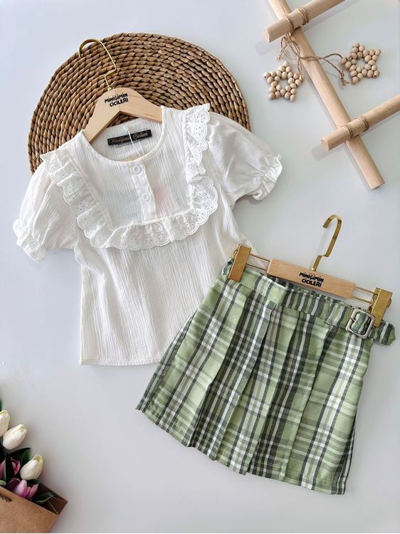 Miniğimin Cicileri Ekose Kemer Tokalı Şort Etekli Kız Çocuk Takım - Yeşil