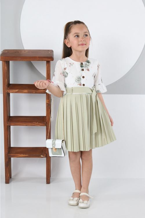 Miniğimin Cicileri Plise Etekli Çantalı Kız Çocuk Elbise - Yeşil