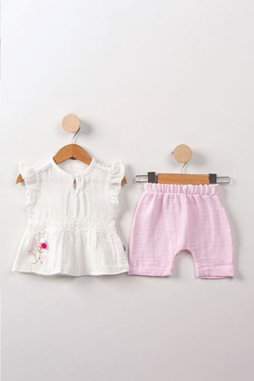Miniğimin Cicileri Pontif Çiçekli Müslin Kız Bebek 2 li Takım - Şeker Pembe