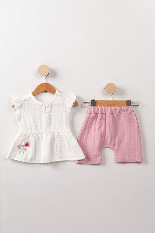 Miniğimin Cicileri Pontif Çiçekli Müslin Kız Bebek 2 li Takım - Gül Kurusu