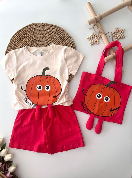 Miniğimin Cicileri Bal Kabağı Desenli Büzgülü 3 lü Kız Çocuk Takım - Fuşya