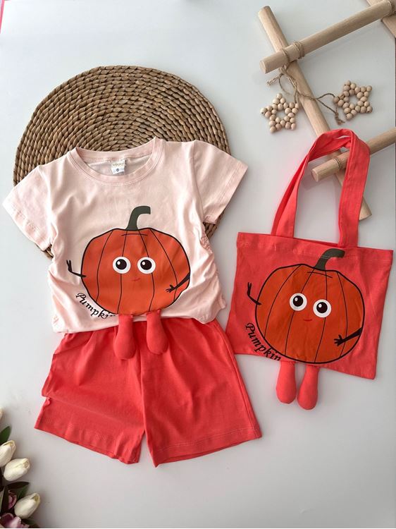 Miniğimin Cicileri Bal Kabağı Desenli Büzgülü 3 lü Kız Çocuk Takım - Nar Çiçeği