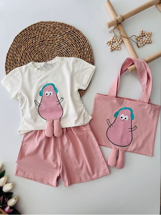 Miniğimin Cicileri Çantalı Büzgülü 3 lü Kız Çocuk Takım - Gül Kurusu